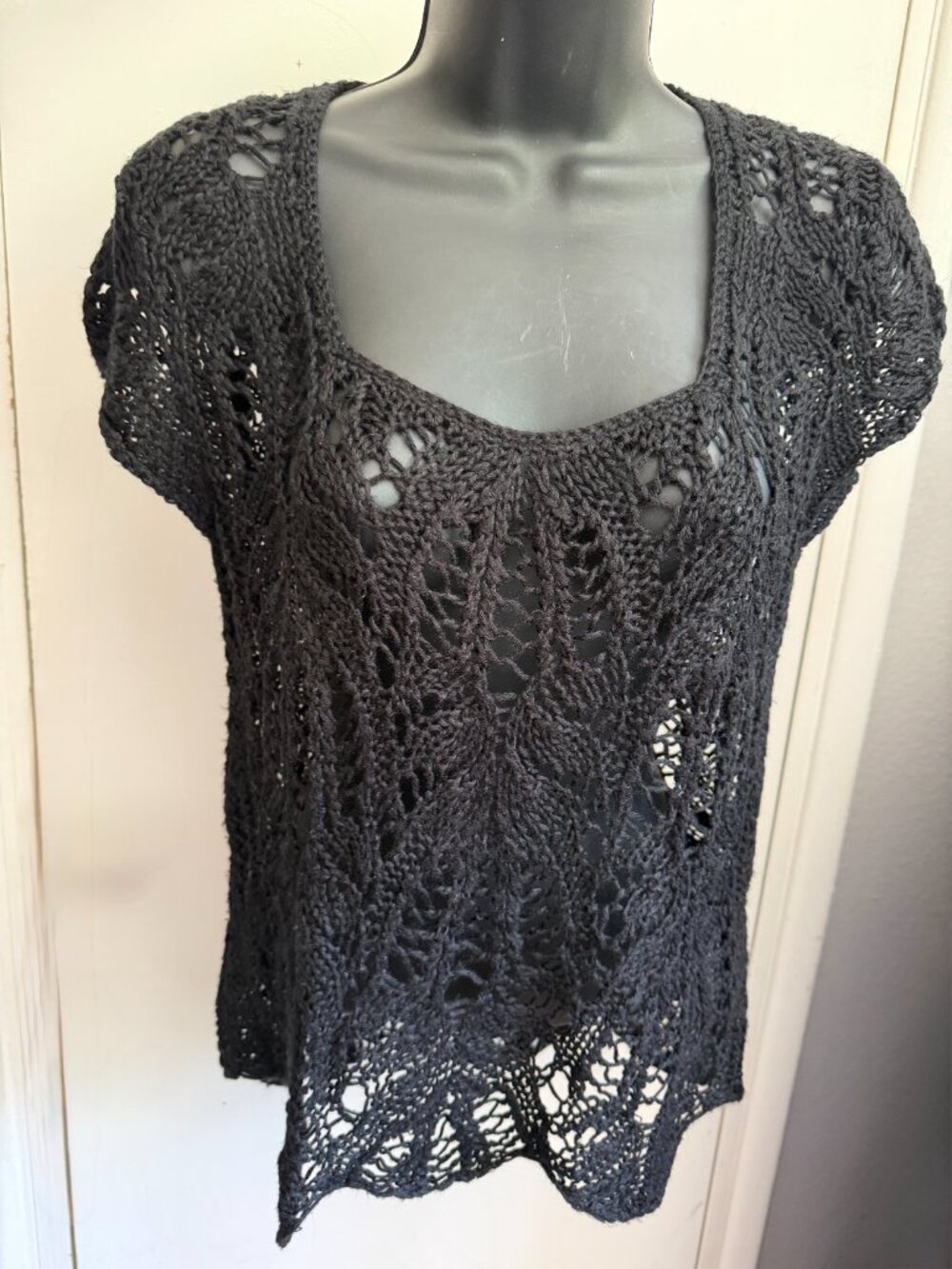 🎀 Y2K Black Crochet Knit Top Boho Whimsigoth Cap Sleeve Blouse Women's